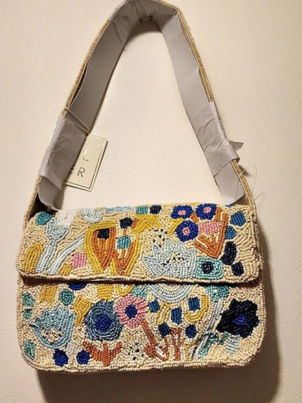 Collection XIIX Floral Beaded Shoulder Bag in Beige & Blue
